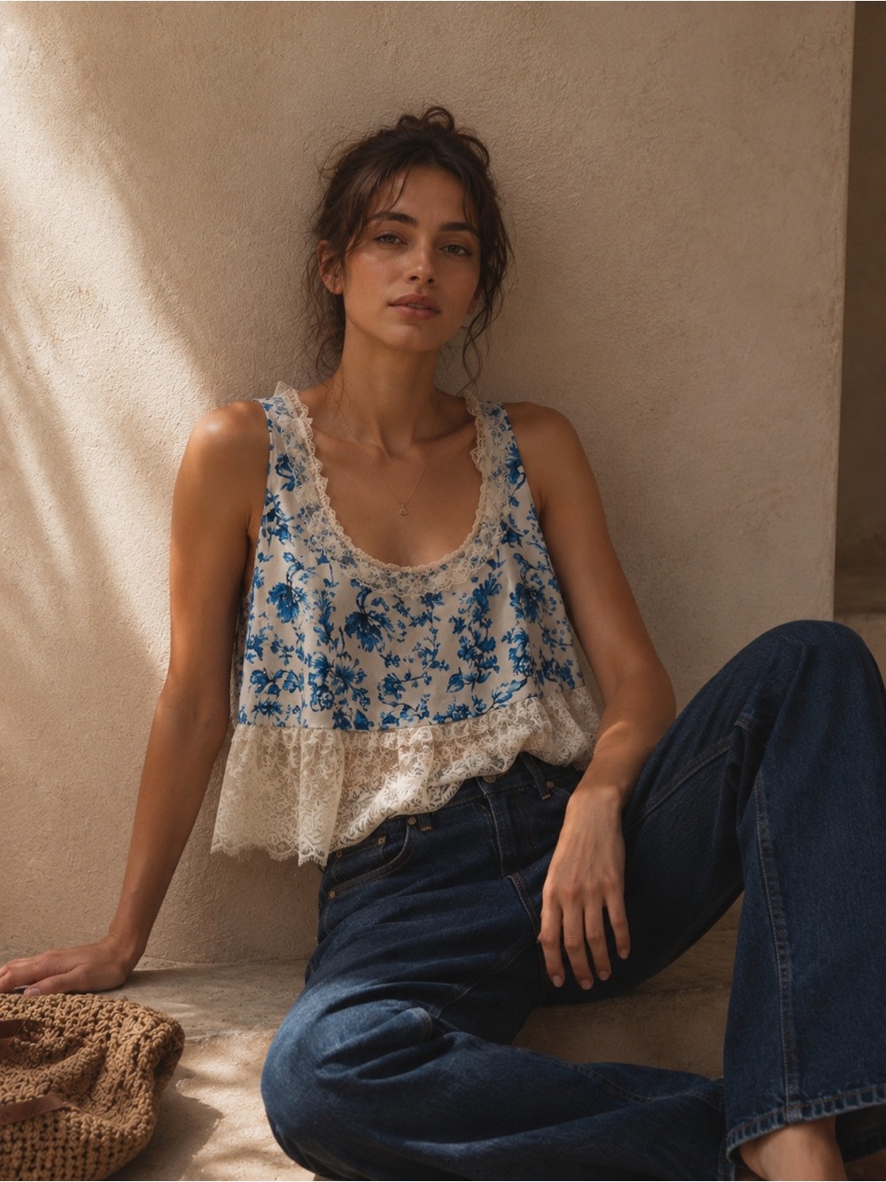 Anthropologie satin blue floral swing lace cami tank S